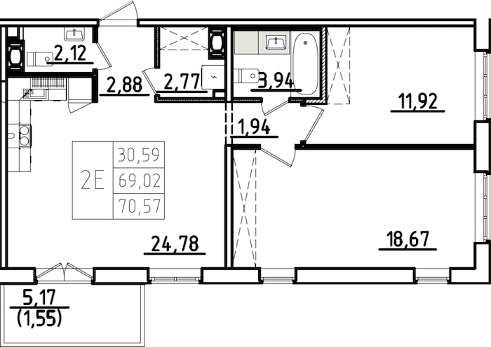 2-комнатная квартира 74.19 м², 3/9 эт., ЖК «IQ Гатчина 3»